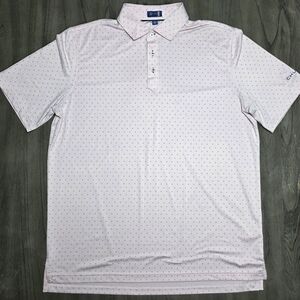 Stitch Golf Men's Light Pink Polo with Blue Polka Dot Design